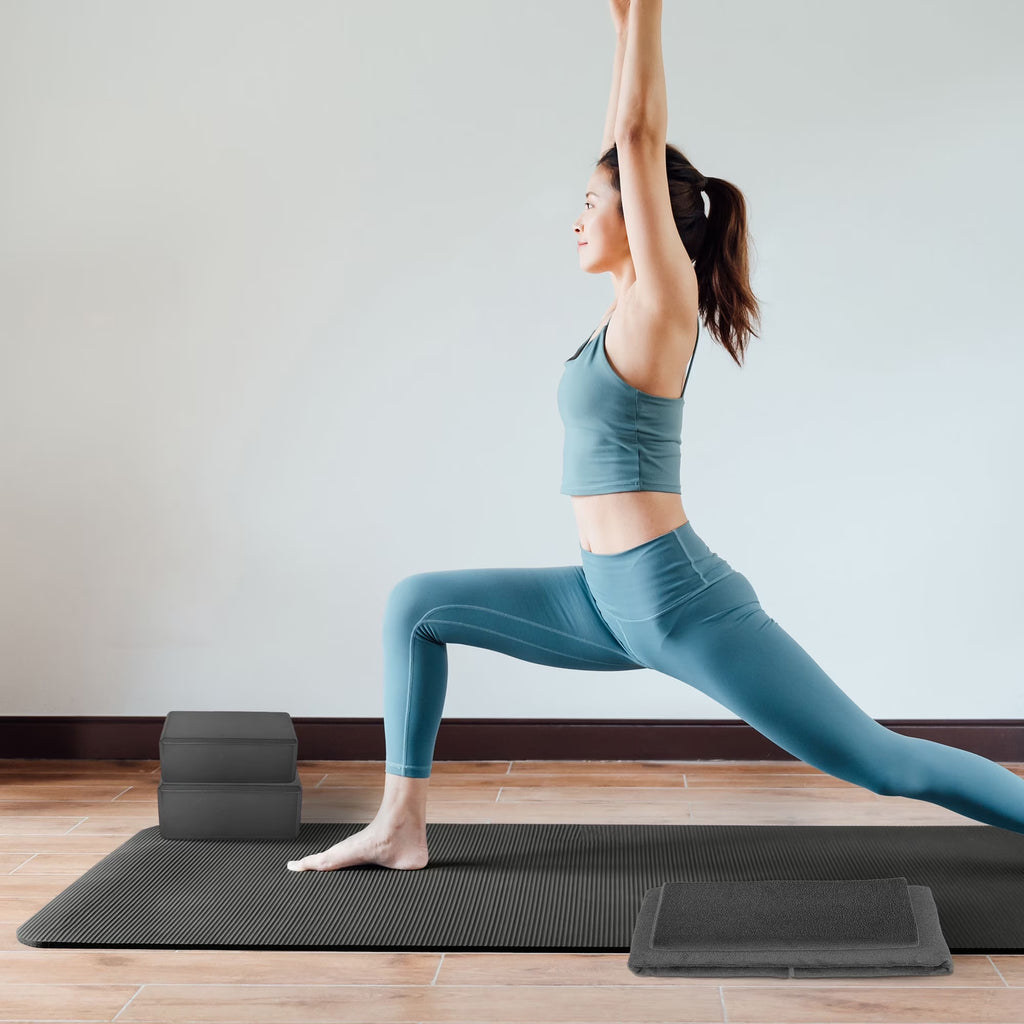 Complete 7-Piece Yoga Set with 71” X 24” X 1” Extra Thick Mat, Gray