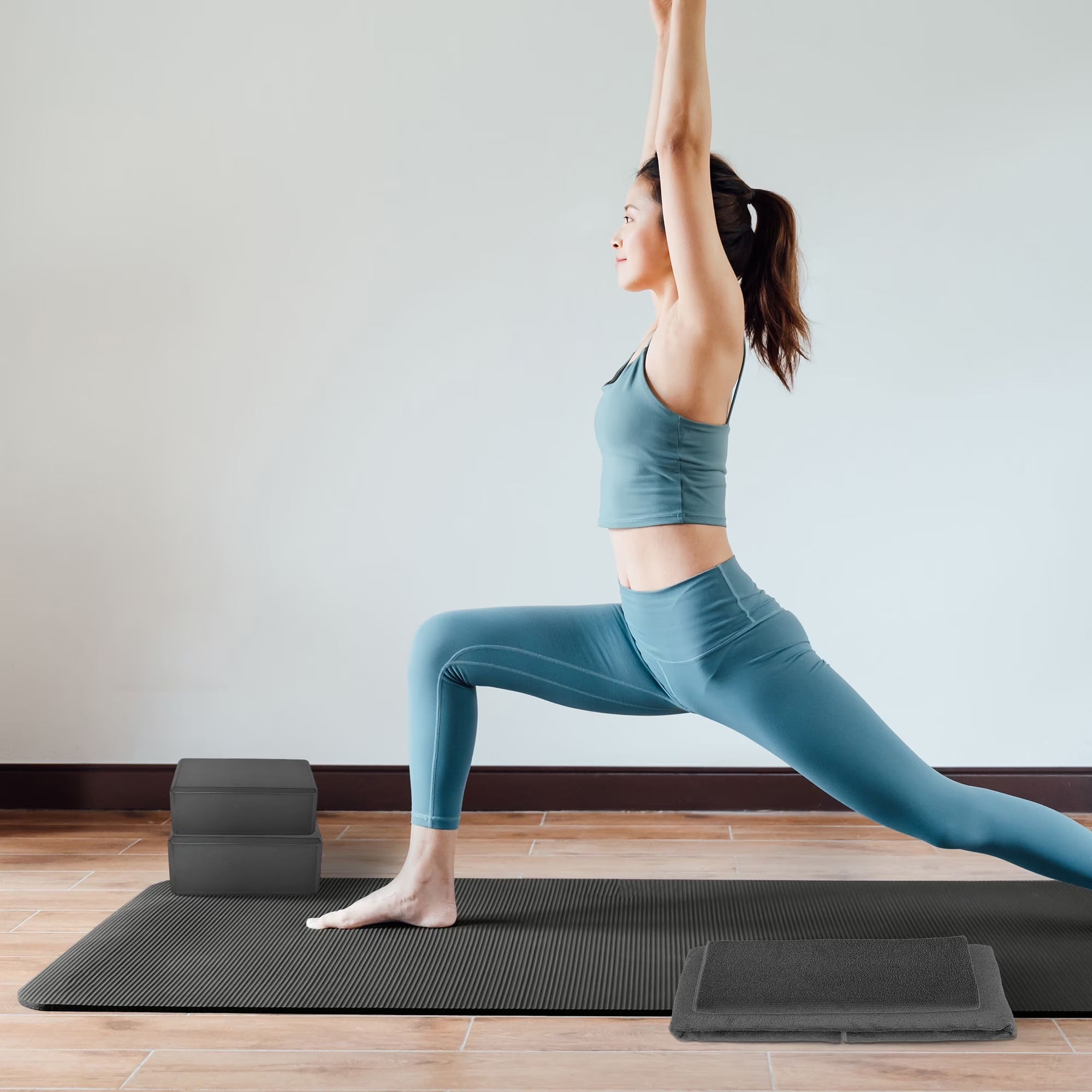 Complete 7-Piece Yoga Set with 71” X 24” X 1” Extra Thick Mat, Gray