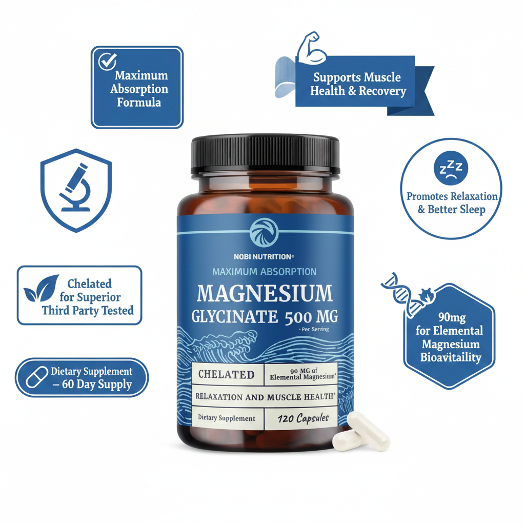Magnesium Glycinate 500Mg | High Absorption | Sleep, Muscle, Heart Health & Relaxation Support | Chelated Magnesium Supplement | 120 Capsules
