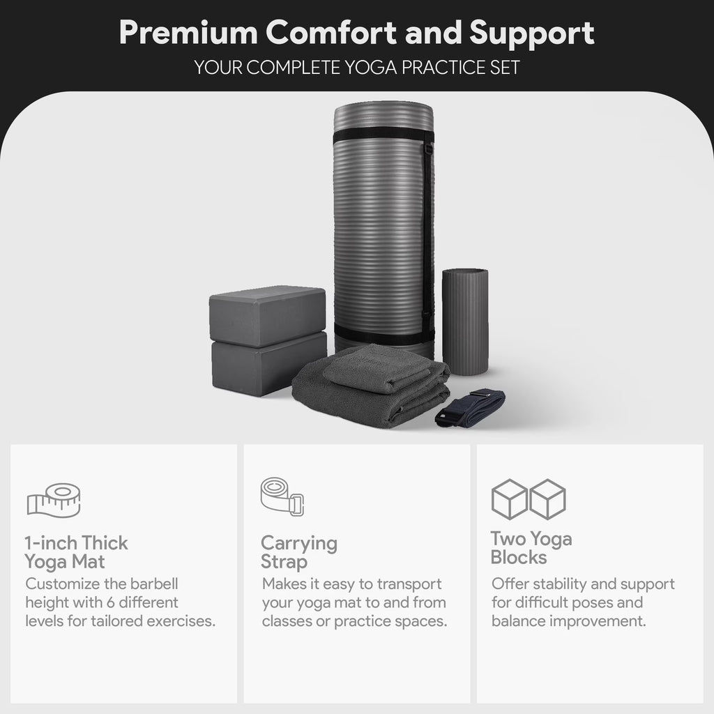 Complete 7-Piece Yoga Set with 71” X 24” X 1” Extra Thick Mat, Gray