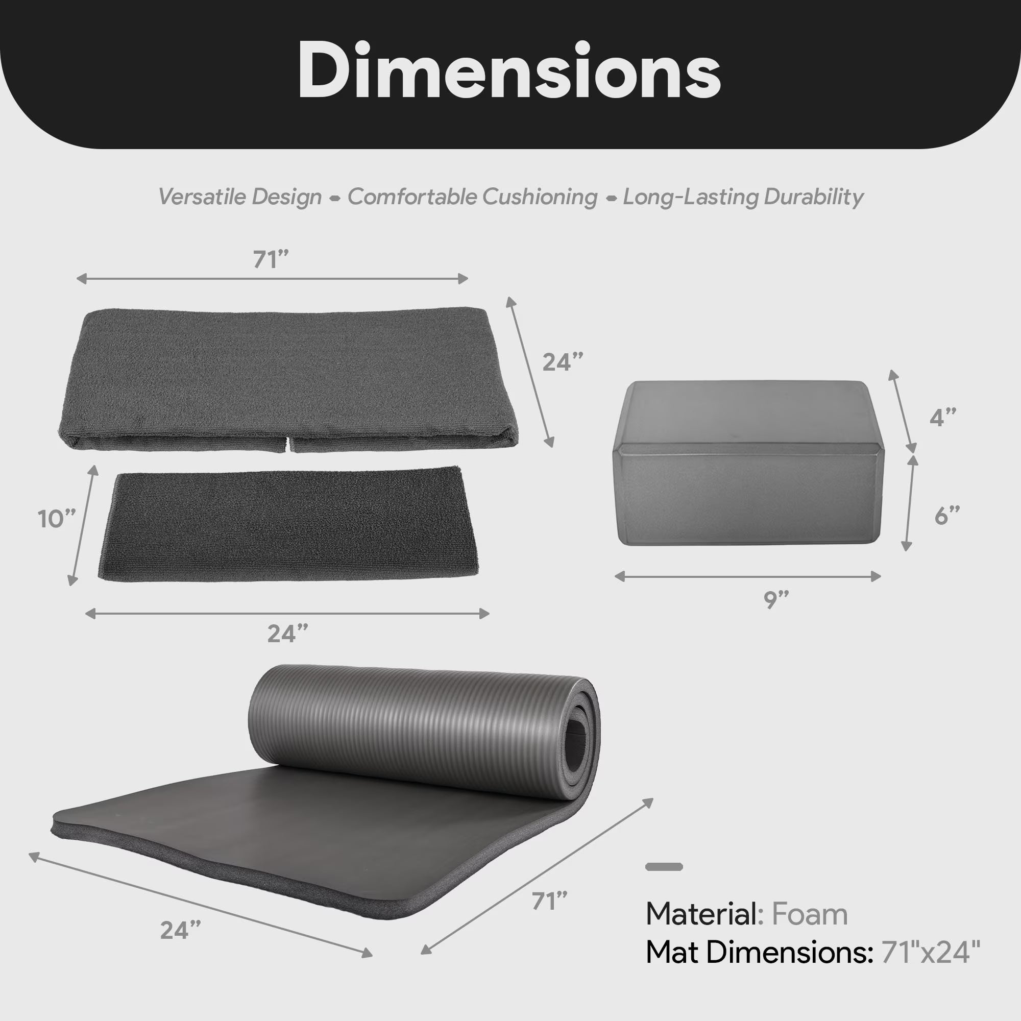 Complete 7-Piece Yoga Set with 71” X 24” X 1” Extra Thick Mat, Gray
