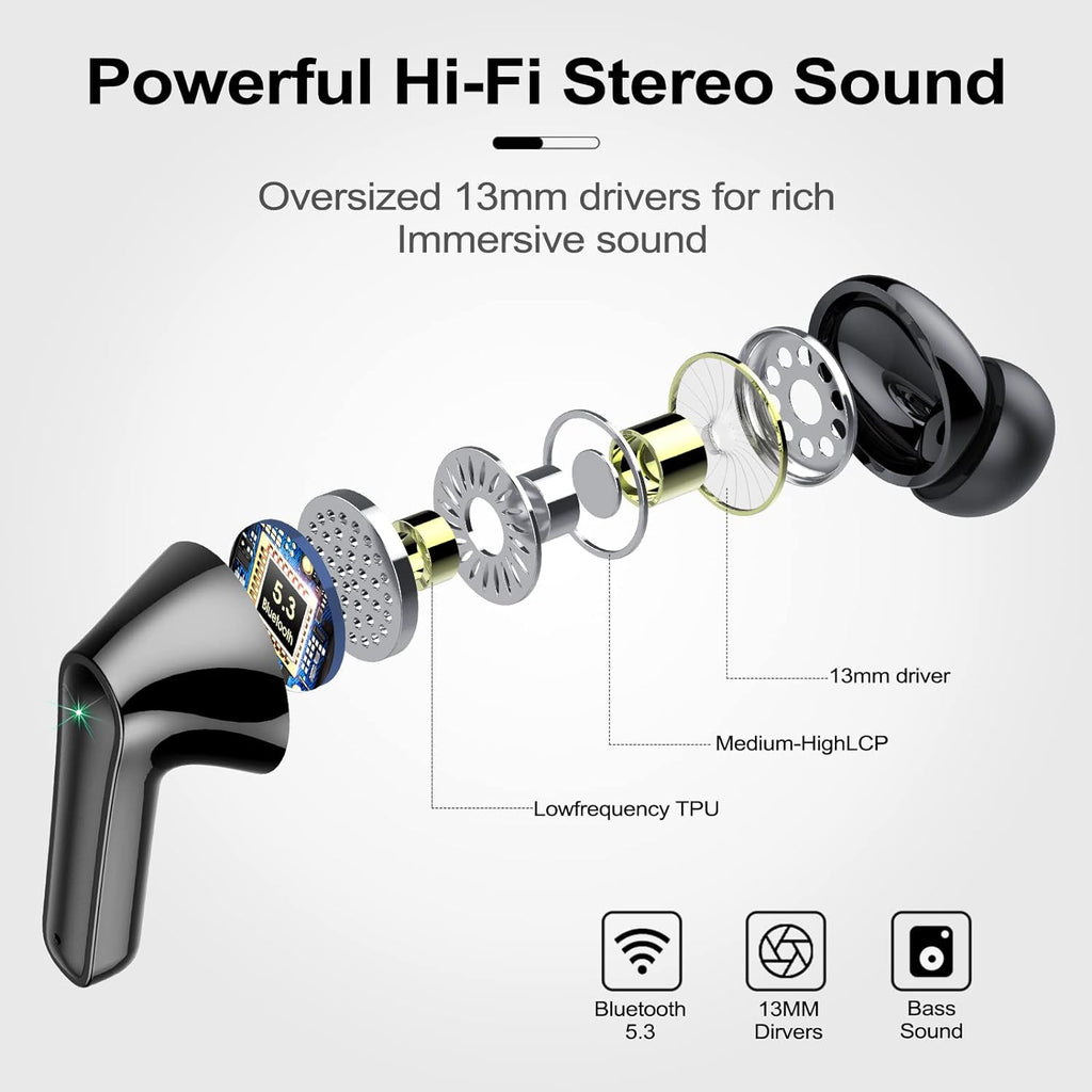 Wireless Ear Buds 48H Playtime Bluetooth Ear Buds Stereo Bluetooth Headphones LED Display IPX7 Waterproof In-Ear Earphones with Mic for TV Smart Phone Laptop Computer Sports