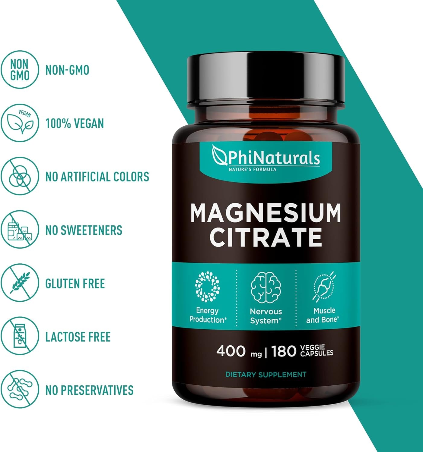 Magnesium Citrate Powder Capsules 400Mg - 180 Count Veg Caps - Supplements - Ne