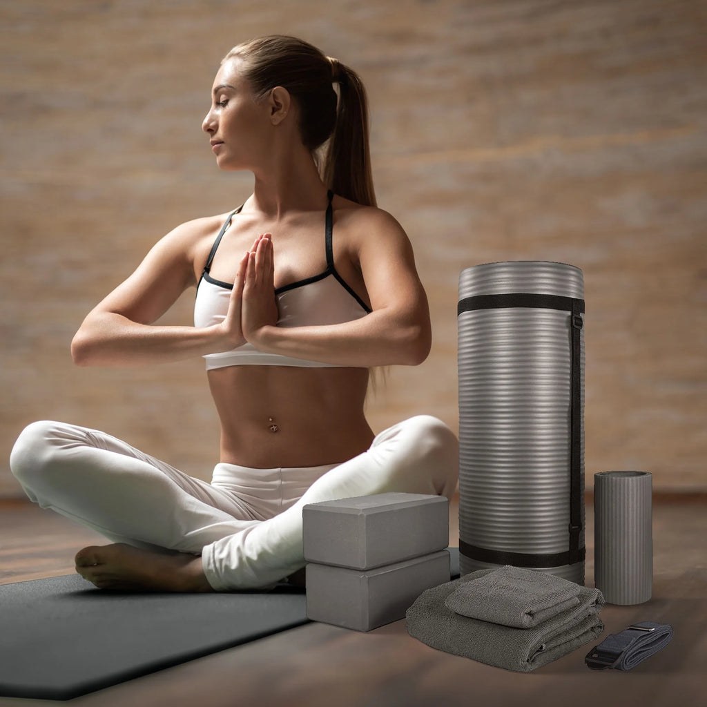 Complete 7-Piece Yoga Set with 71” X 24” X 1” Extra Thick Mat, Gray