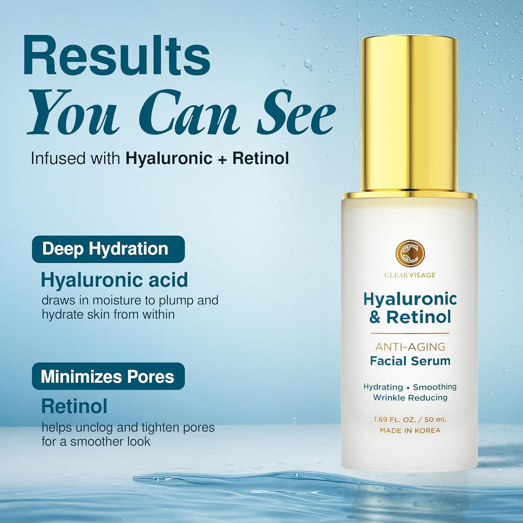 Hyaluronic Acid Serum for Face with Retinol - Dermatologist Tested, anti Aging Korean Skin Care - Deep Hydration, Skin Firming, Wrinkle Support - Vegan, Clean Beauty - 1.69 Fl Oz