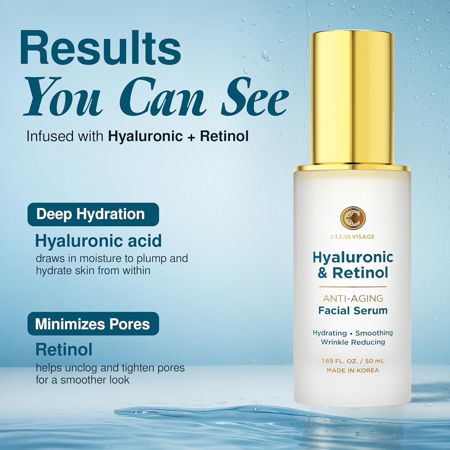 Hyaluronic Acid Serum for Face with Retinol - Dermatologist Tested, anti Aging Korean Skin Care - Deep Hydration, Skin Firming, Wrinkle Support - Vegan, Clean Beauty - 1.69 Fl Oz