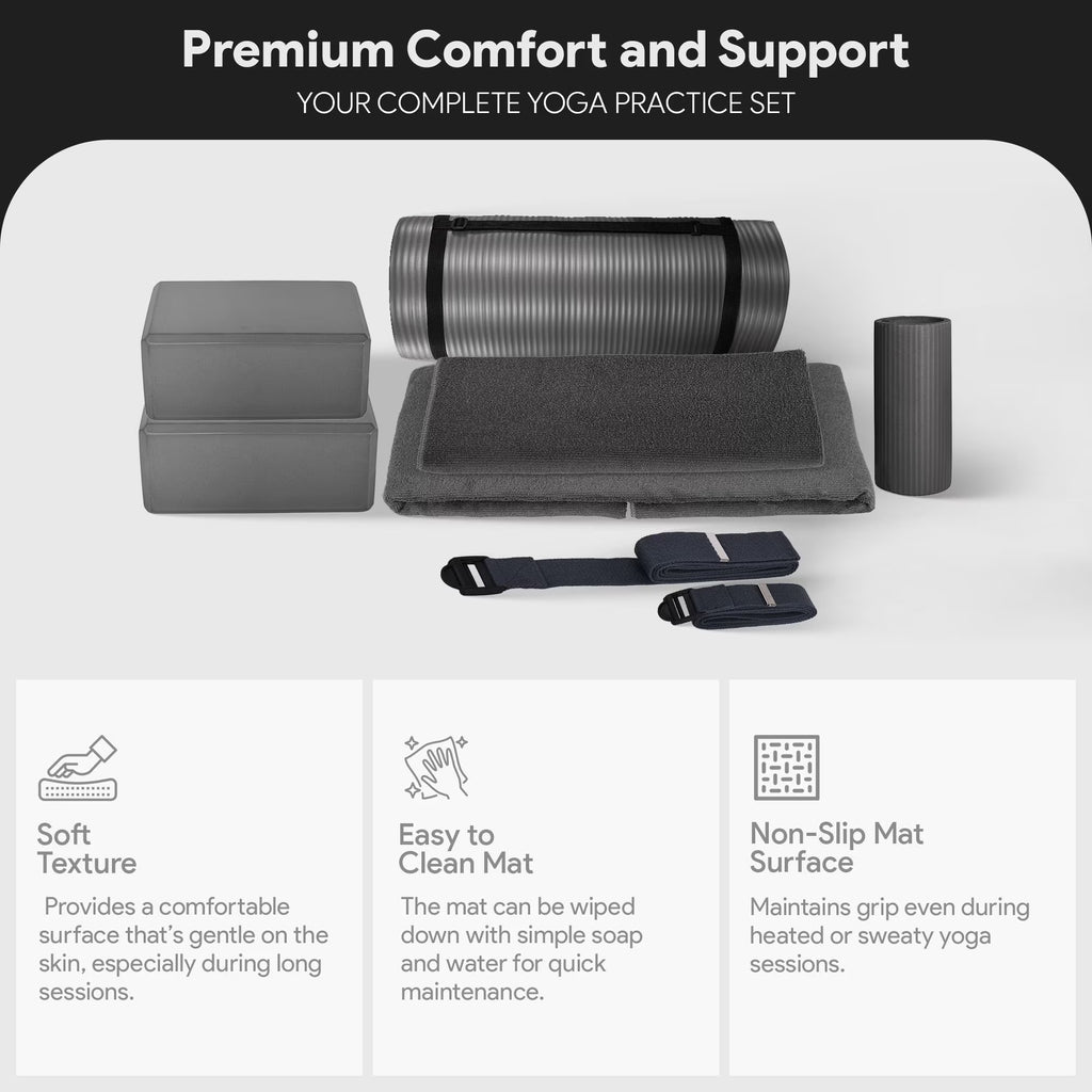 Complete 7-Piece Yoga Set with 71” X 24” X 1” Extra Thick Mat, Gray