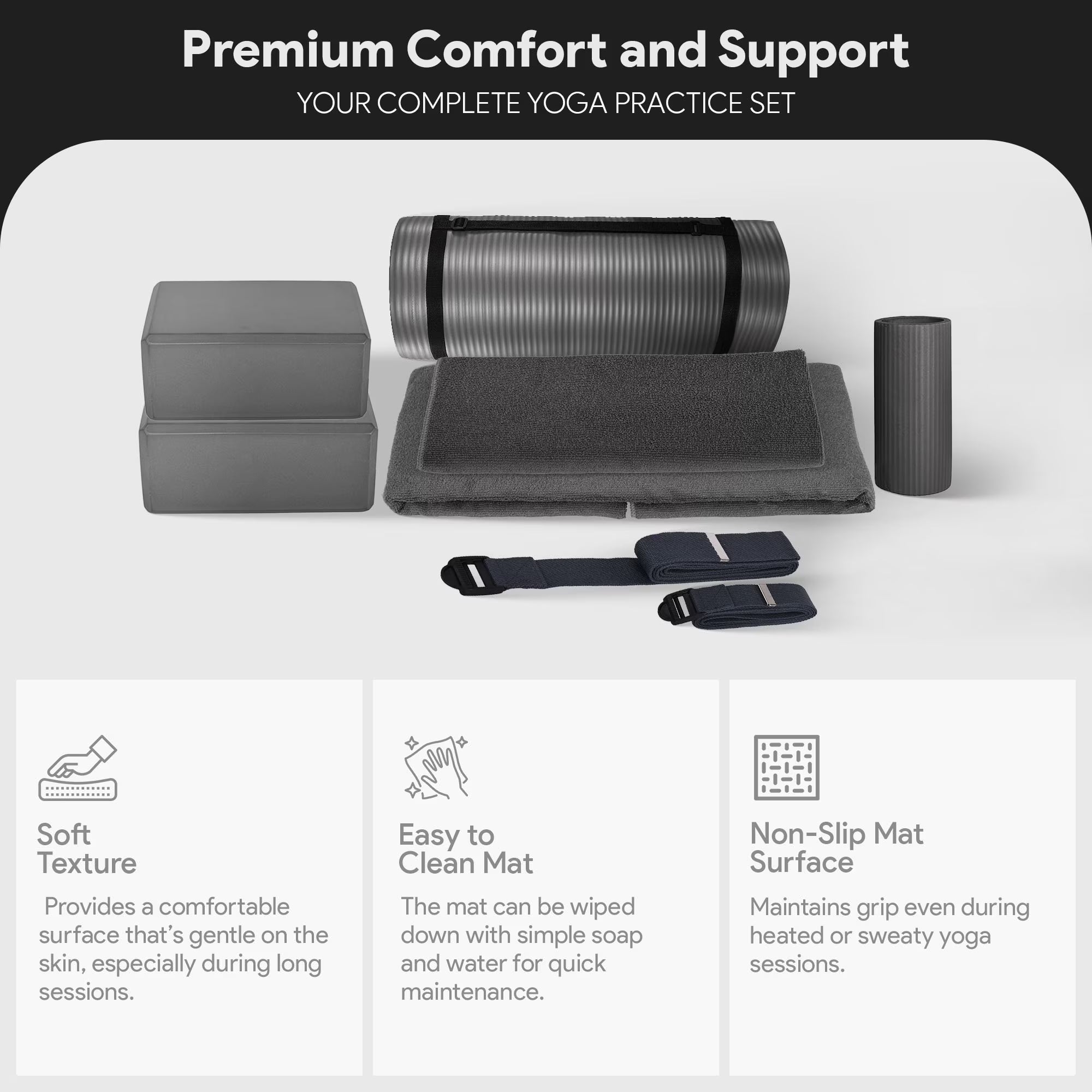 Complete 7-Piece Yoga Set with 71” X 24” X 1” Extra Thick Mat, Gray