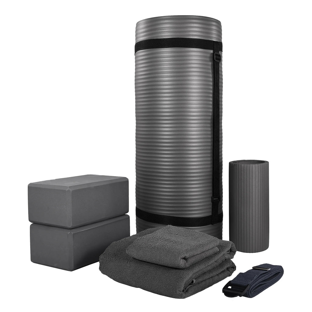 Complete 7-Piece Yoga Set with 71” X 24” X 1” Extra Thick Mat, Gray