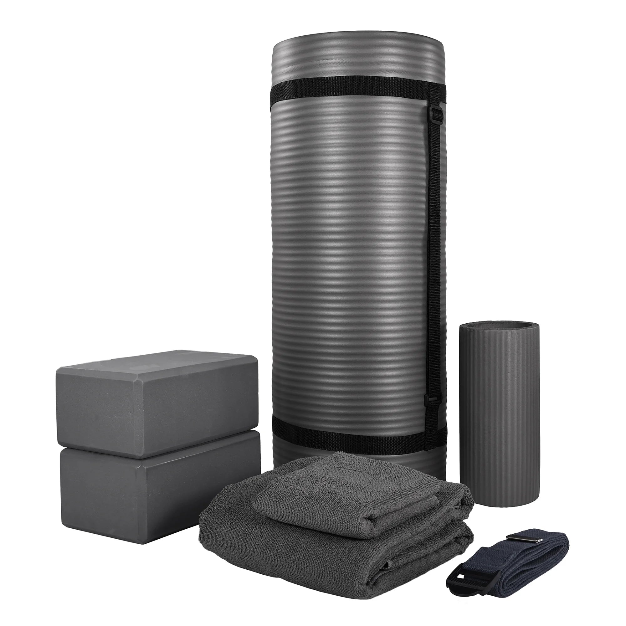 Complete 7-Piece Yoga Set with 71” X 24” X 1” Extra Thick Mat, Gray
