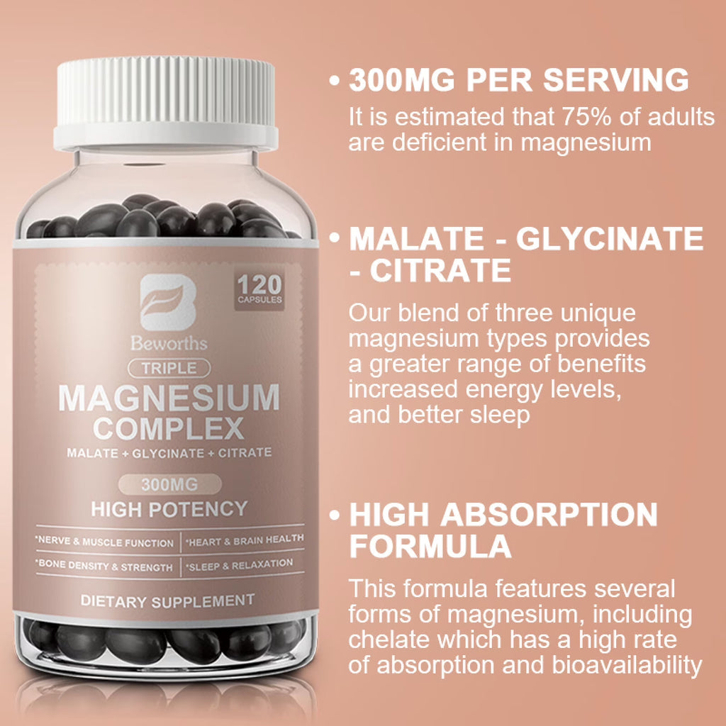 Triple Magnesium Complex 500Mg - Support for Muscle, Sleep & Mood - 120 Capsules