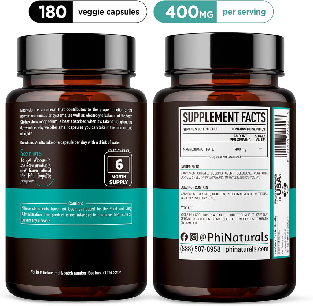 Magnesium Citrate Powder Capsules 400Mg - 180 Count Veg Caps - Supplements - Ne