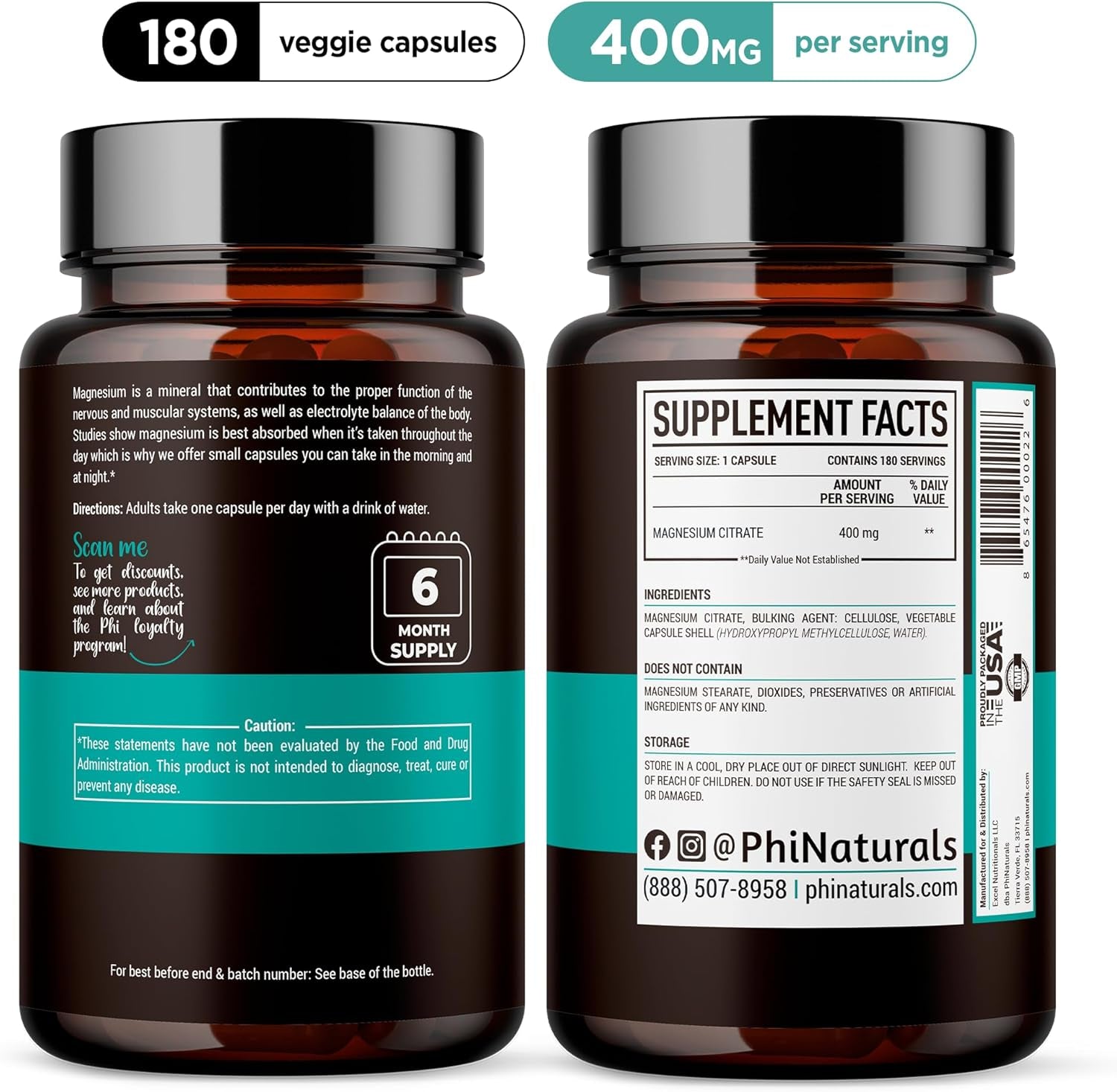 Magnesium Citrate Powder Capsules 400Mg - 180 Count Veg Caps - Supplements - Ne